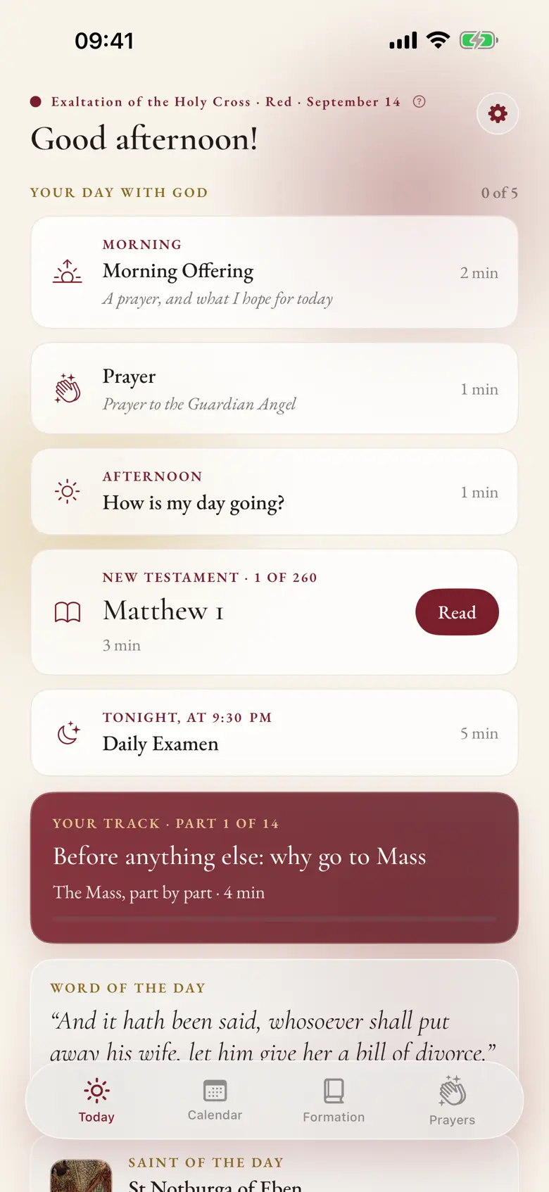 The Today screen in Missale, with the "Your day with God" list and the steps of the daily routine.