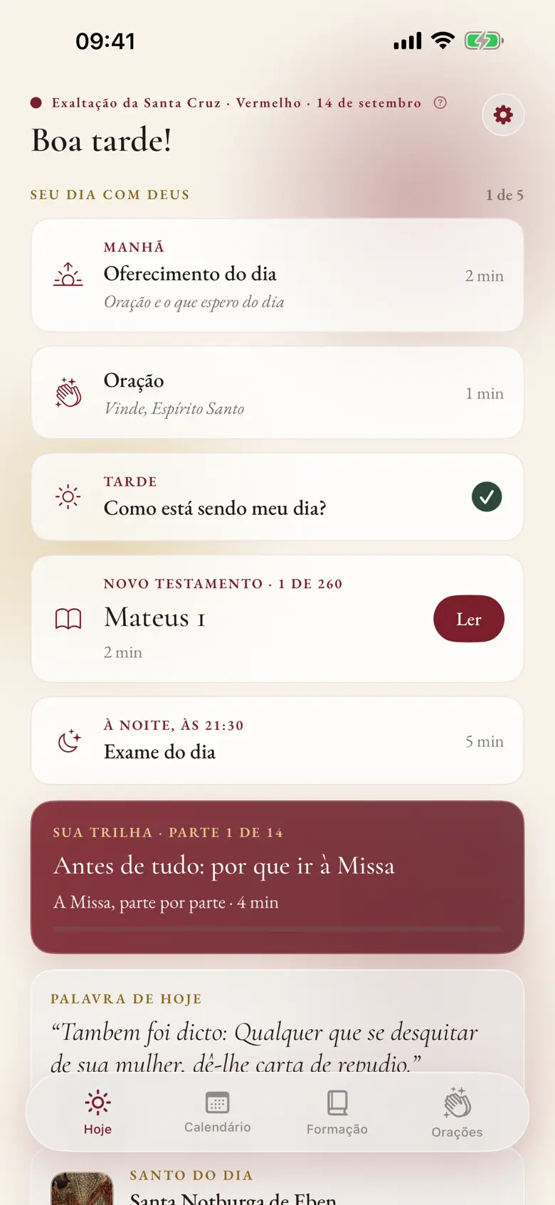 Tela Hoje do Missale, com a lista "Seu dia com Deus" e os passos da rotina diária.