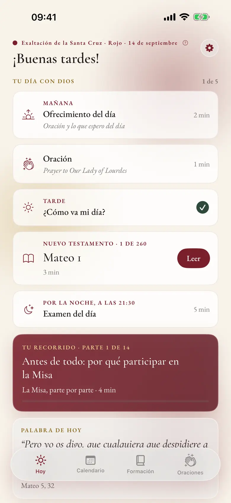 Pantalla Hoy de Missale, con la lista "Tu día con Dios" y los pasos de la rutina diaria.