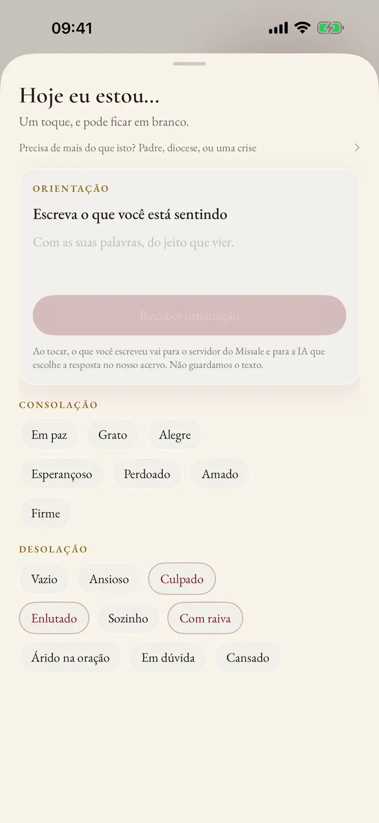 Tela do check-in "Hoje eu estou…", com os 16 estados para escolher.