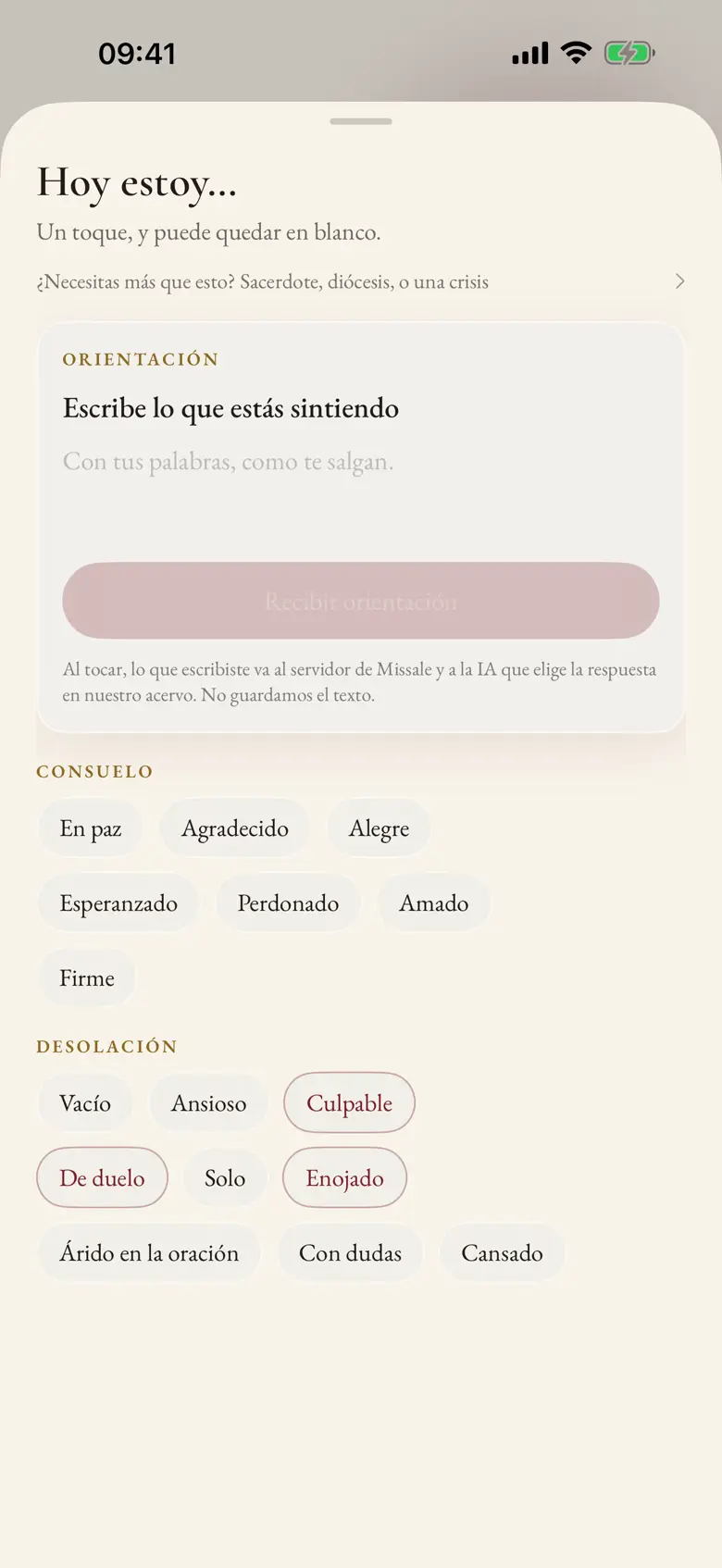 Pantalla del chequeo "Hoy estoy…", con los 16 estados para elegir.
