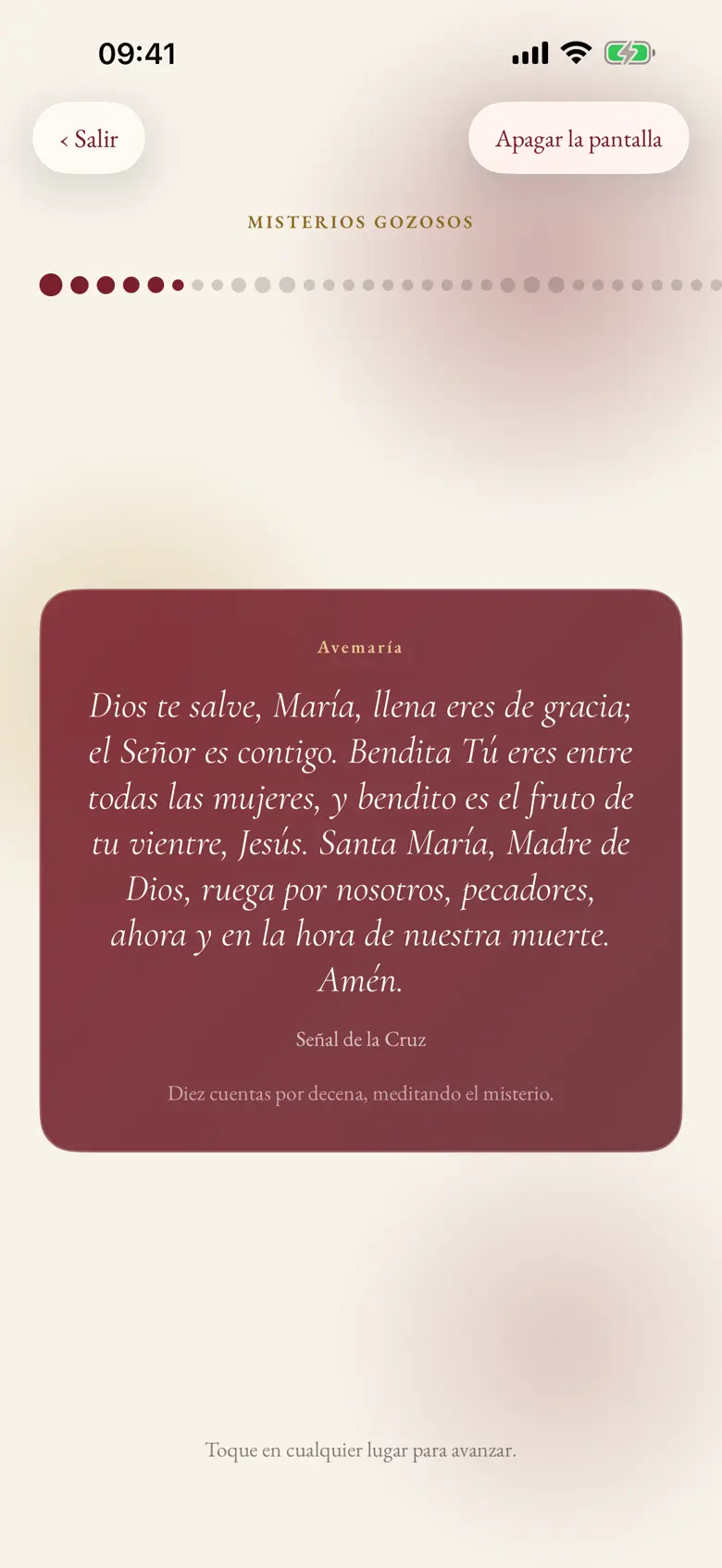 Pantalla del Rosario en Missale, mostrando un Ave María.