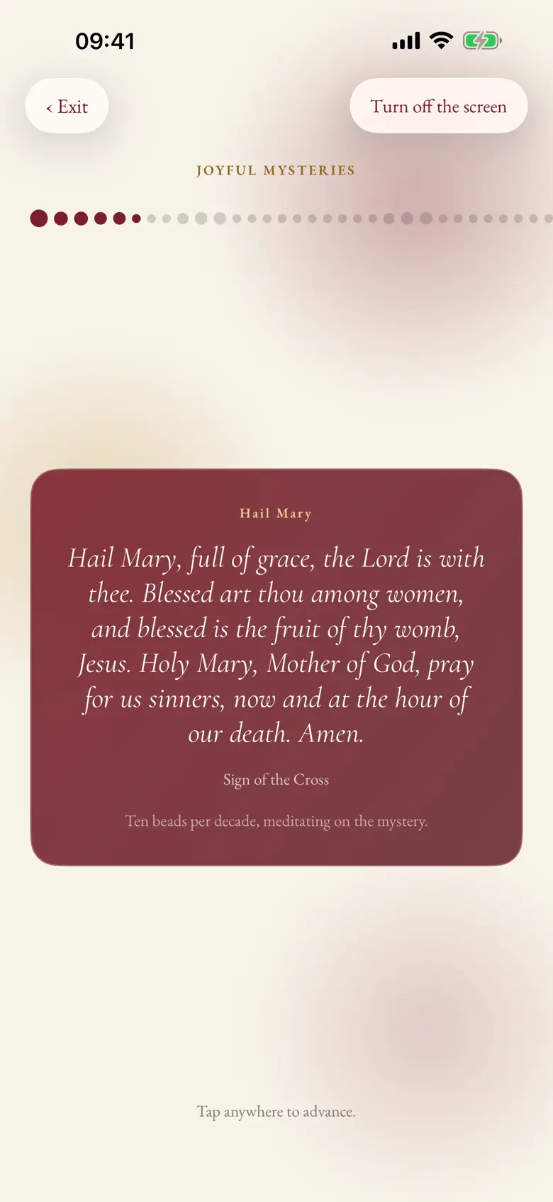 The Rosary screen in Missale, showing a Hail Mary.