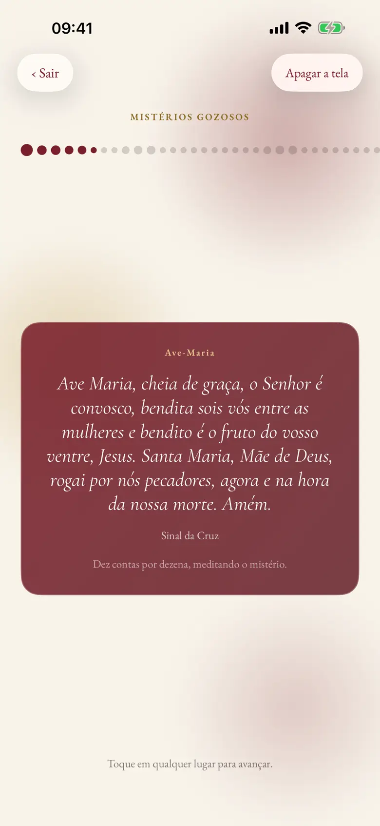 Tela do Terço no Missale, mostrando uma Ave-Maria.