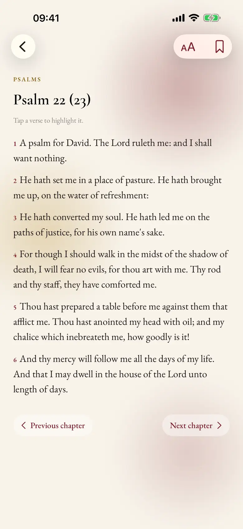 The Bible screen in Missale, with a Psalm open.
