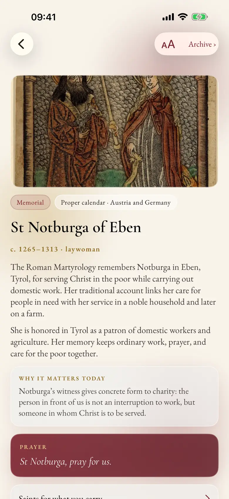 The Saint of the day screen in Missale, with the saint's name, public-domain art and biography.