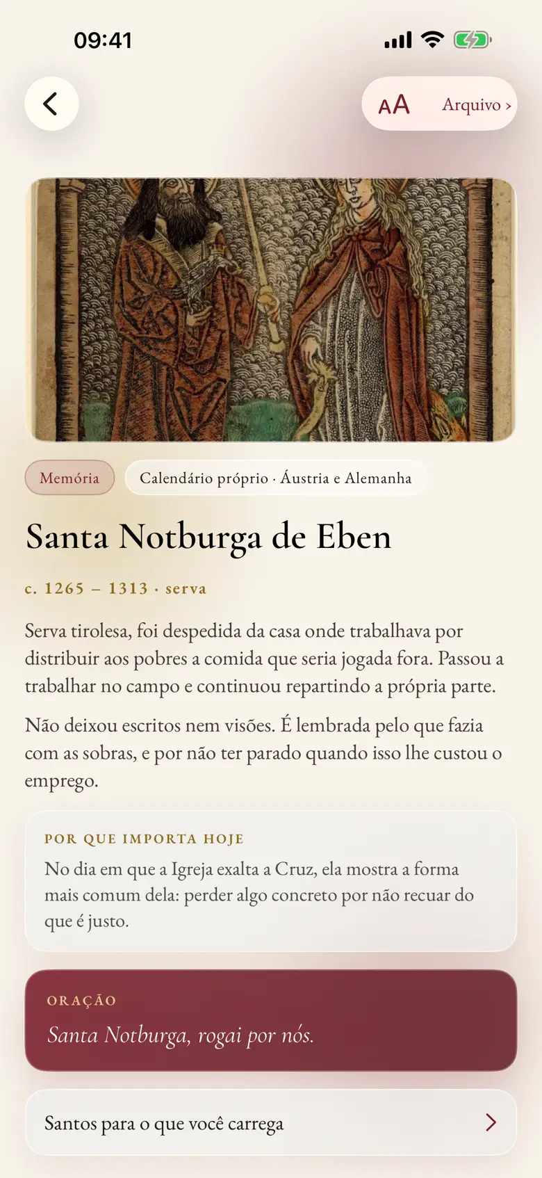 Tela do santo do dia no Missale, com o nome, a imagem em domínio público e a biografia.