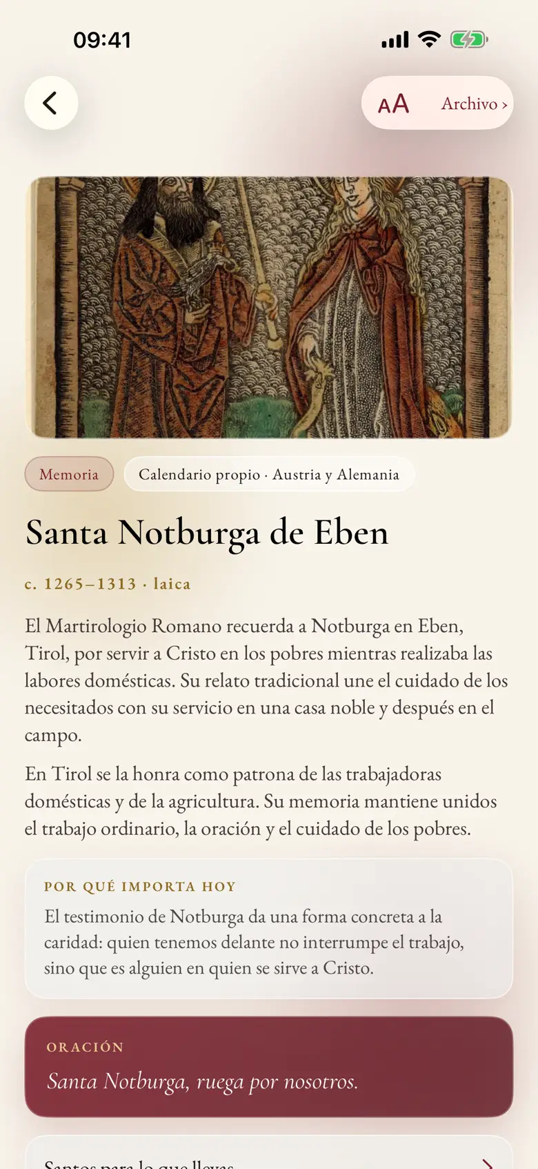 Pantalla del santo del día en Missale, con el nombre, arte de dominio público y la biografía.