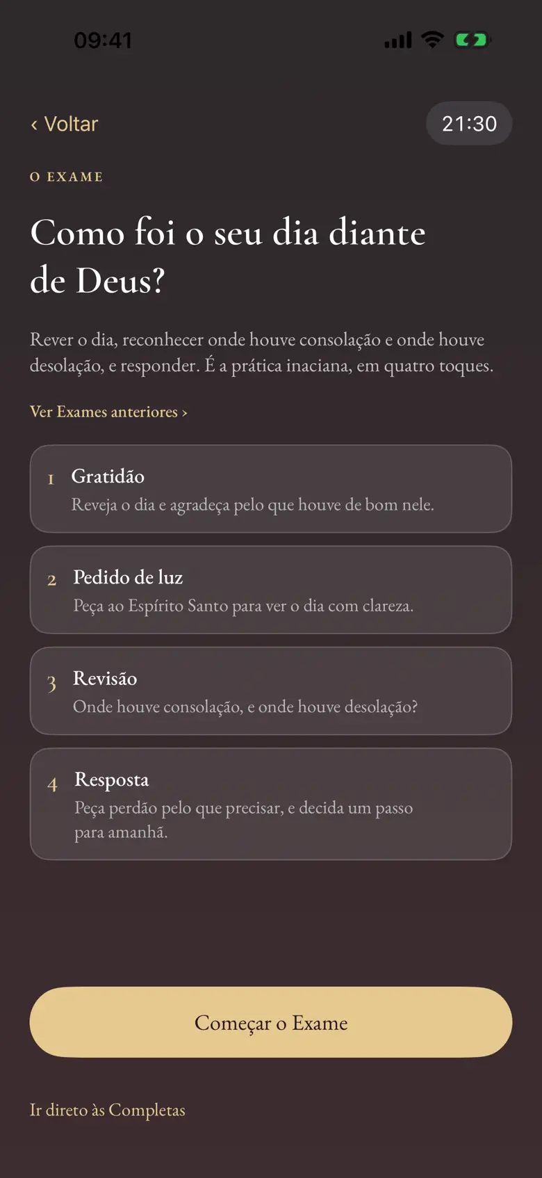 Tela do Exame da noite, em tons escuros, com as perguntas para rever o dia.