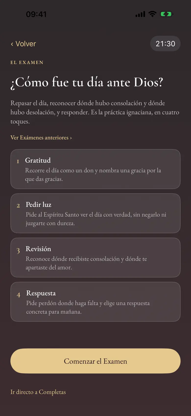 Pantalla del Examen de la noche, en tonos oscuros, con las preguntas para repasar el día.