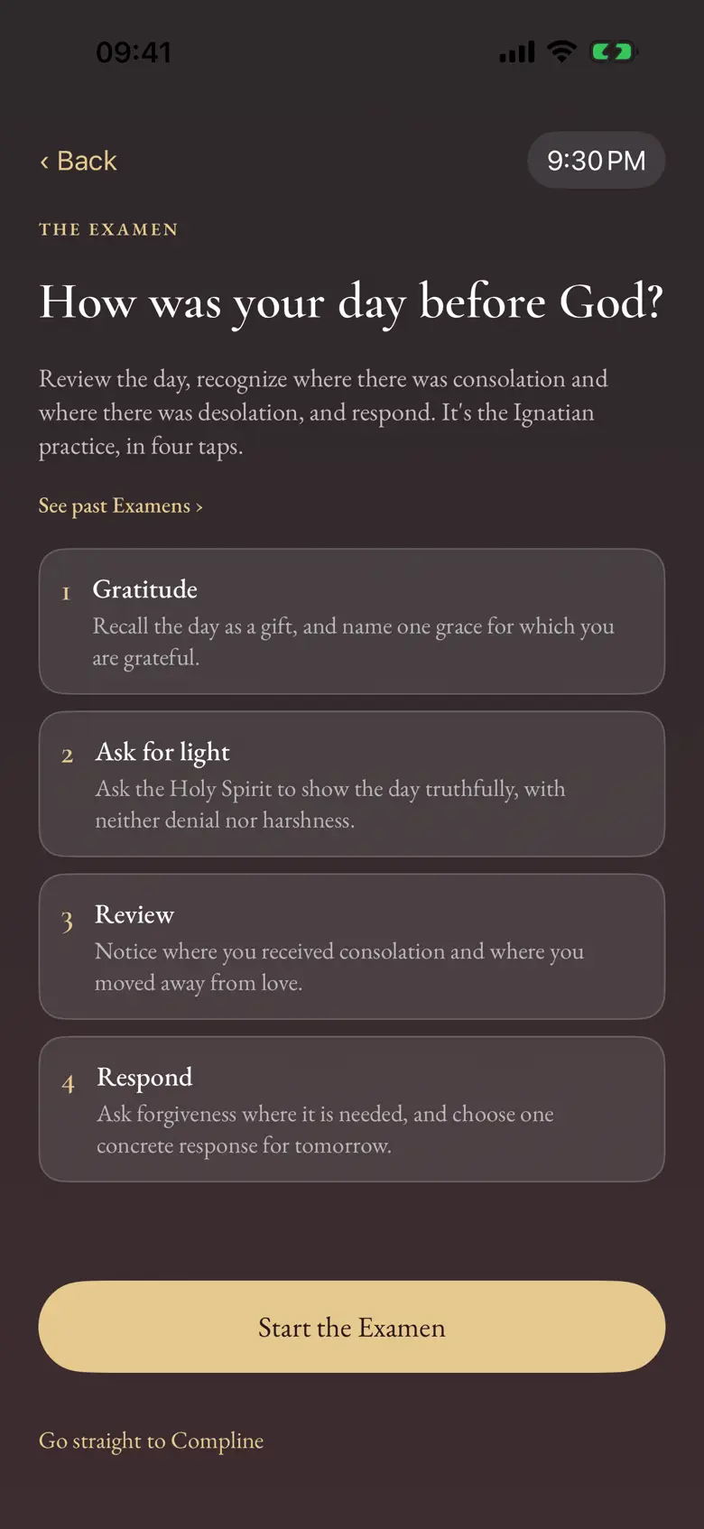 The evening Examen screen, in dark tones, with the questions for looking back on the day.